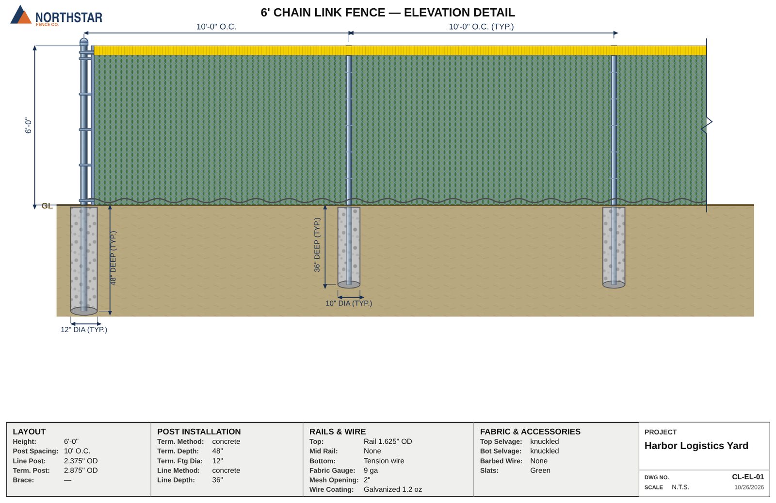 A 6-foot chain link fence elevation with green privacy slats and a yellow top safety cap.