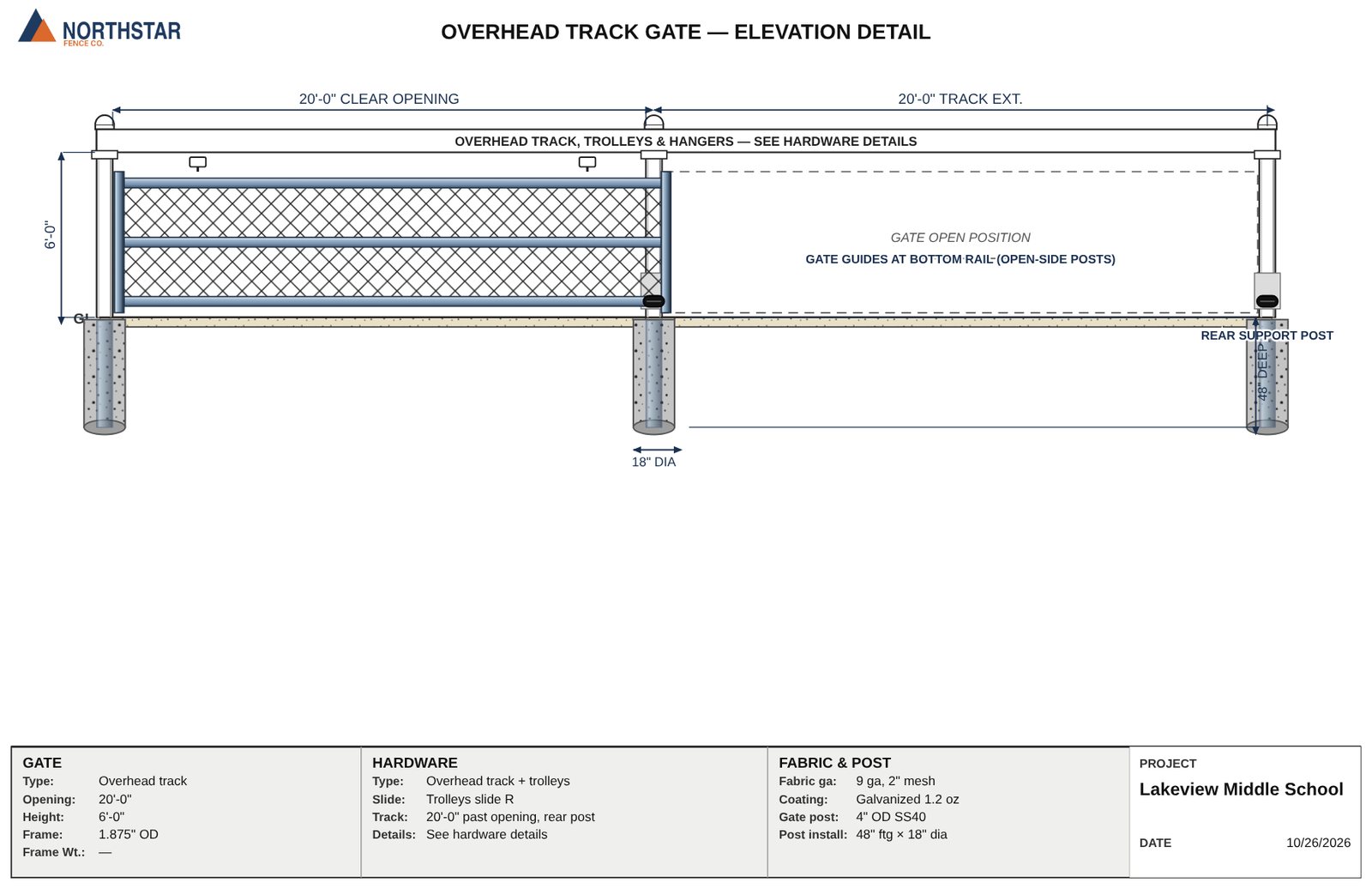 A 20-foot overhead track slide gate elevation.