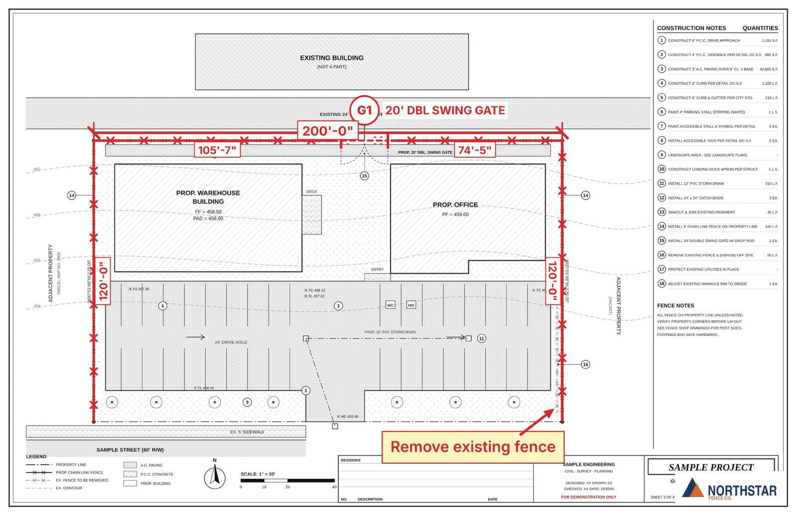 The marked-up site layout sheet in the PDF set with run lengths, a 20-foot gate marker and a note.