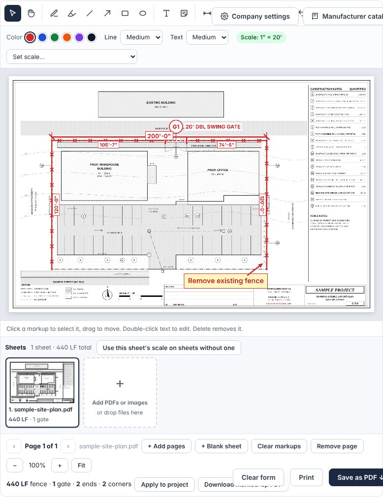 The markup tool with scale set, a traced 440 LF fence, a gate marker and the takeoff totals.