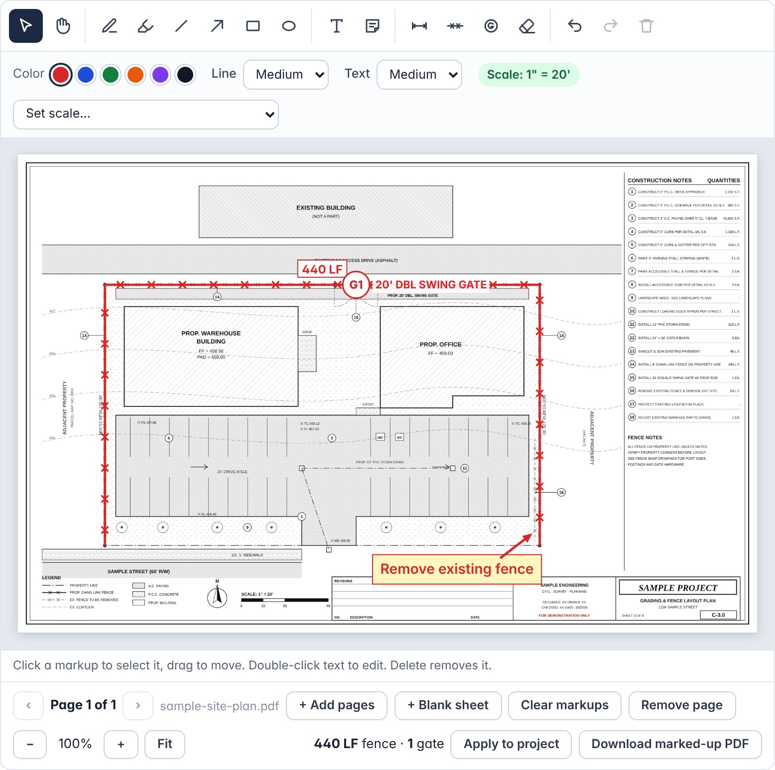 The markup tool showing a sample civil grading and fence layout plan at 1 inch = 20 feet, with a traced 440 linear foot perimeter fence, a 20-foot double swing gate marker and a note.
