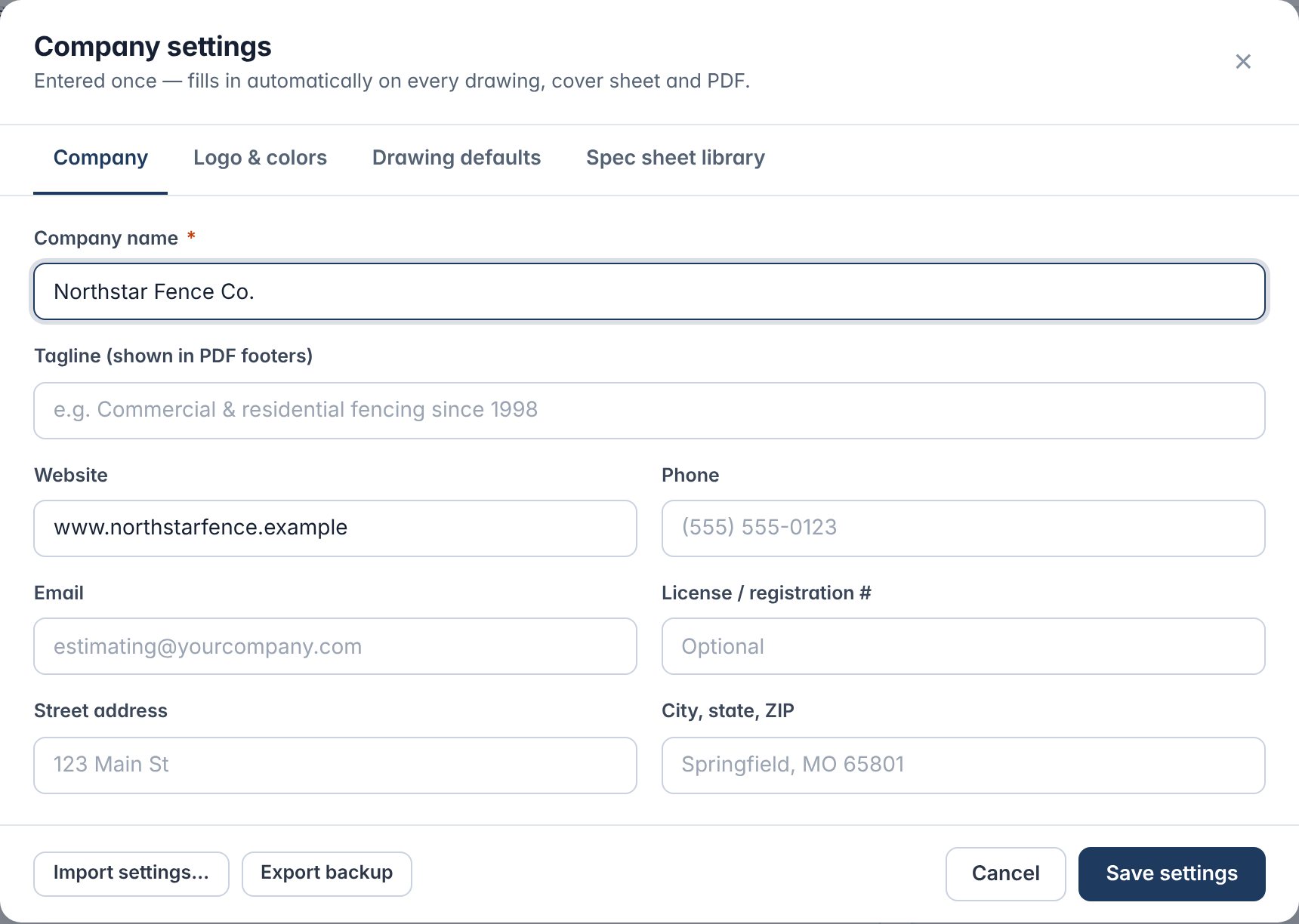 Company settings with the spec sheet library.